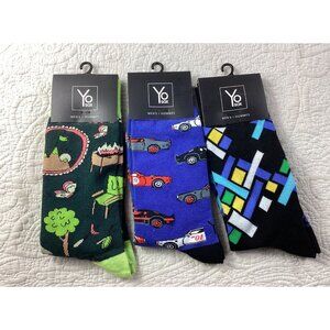 Yo Sox Mens Fun Socks 3-Pack*Size 7-12  Picnic Race Cars & Geometric Designs*NWT